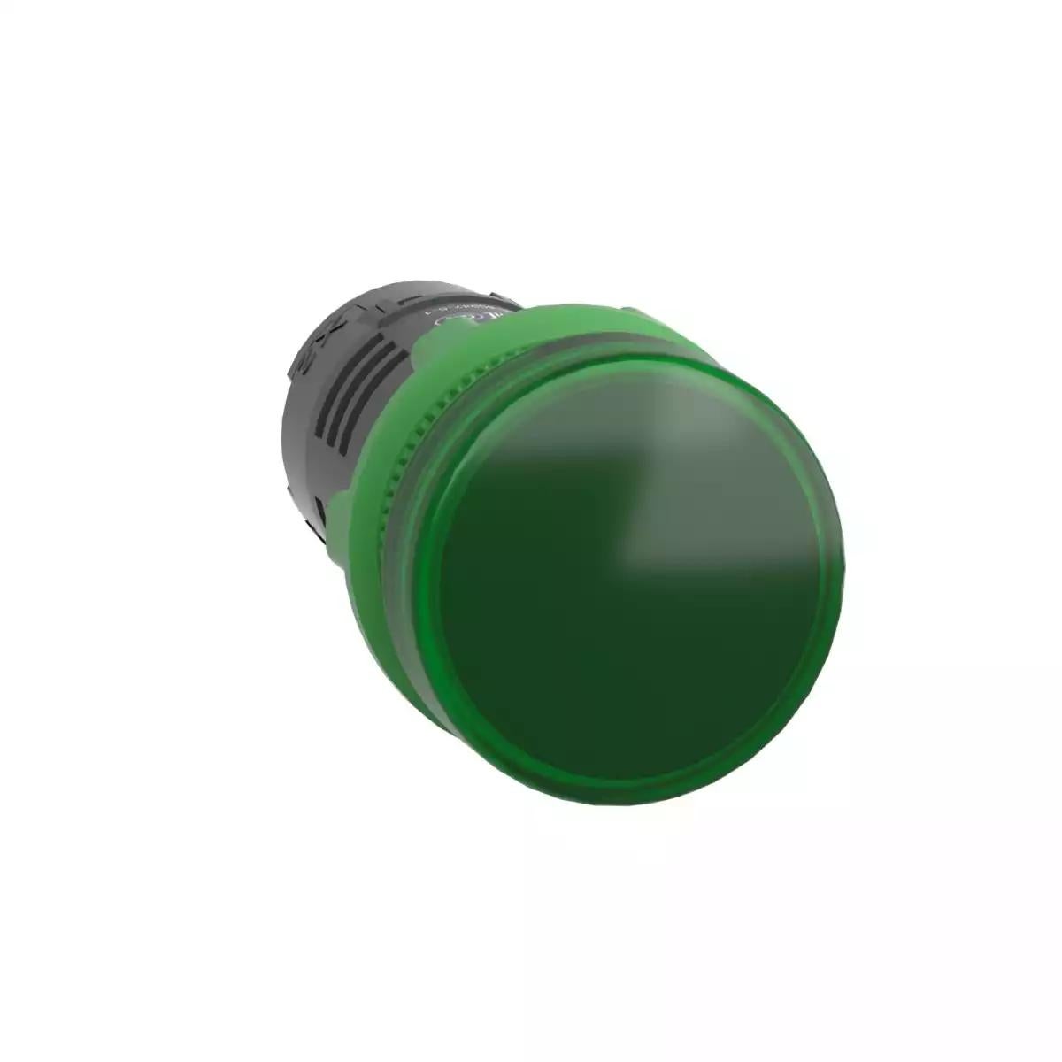 Monolithic pilot light, Harmony XB5, grey plastic, green, 22mm, universal LED, plain lens, 230…240V AC