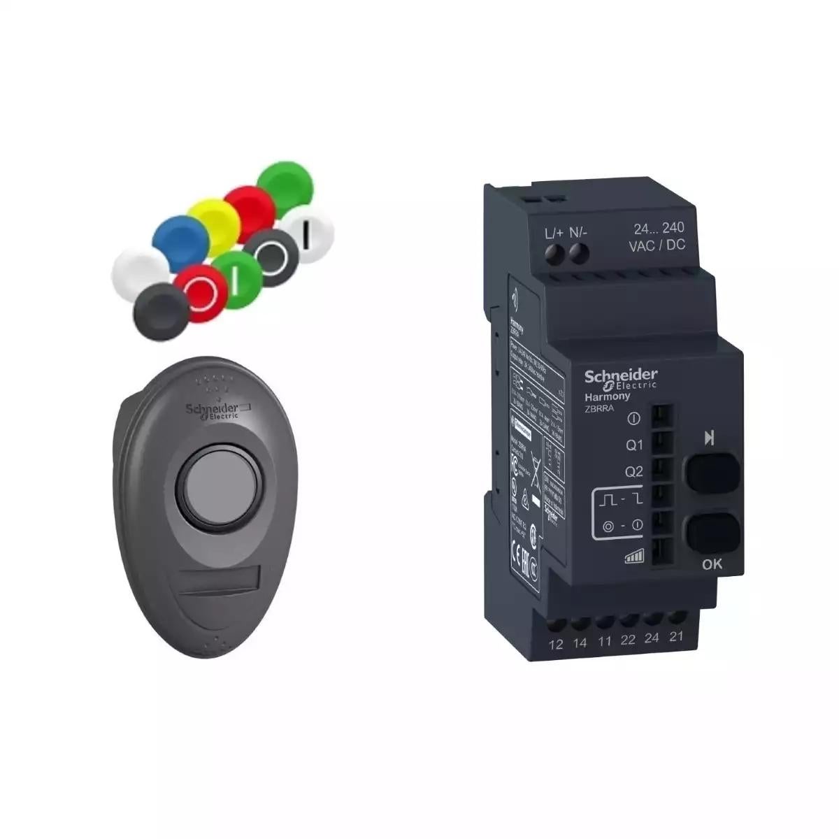 Harmony XB5, Pack with 1 wireless push button + 1 configurable receiver + 1 set of 10 colored caps, plastic, Ø22, 24...240 V AC/DC