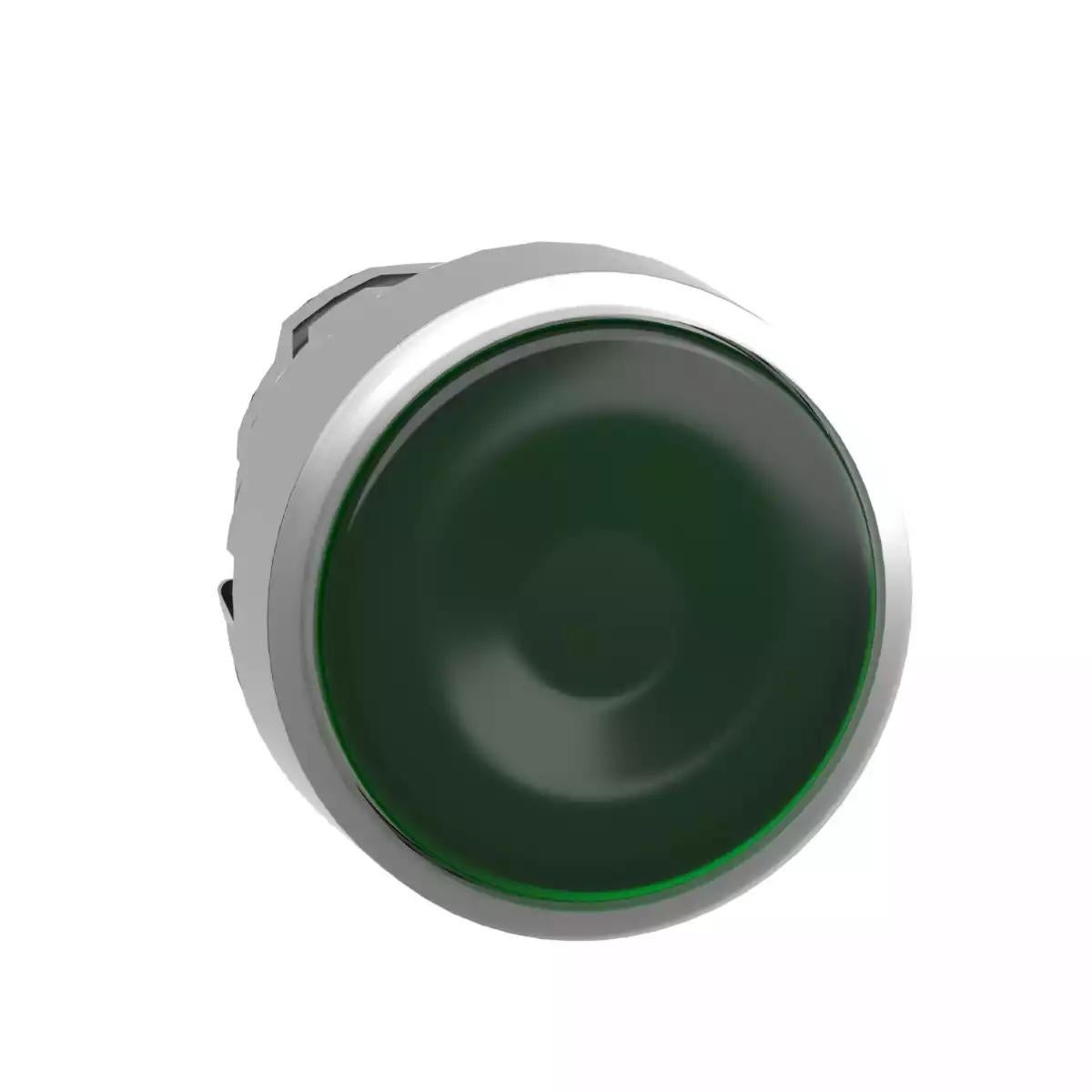 Head for illuminated push button, Harmony XB4, metal, green flush, 22mm, universal LED, for insertion legend