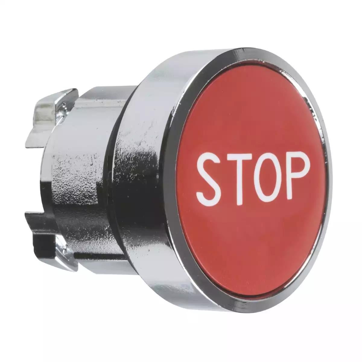 Push button head, Harmony XB4, metal, flush, red, 22mm, spring return, marked STOP