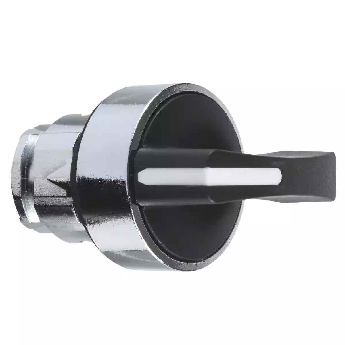 Selector switch head, Harmony XB4, metal, black, 22mm, long handle, 3 positions, spring return to center