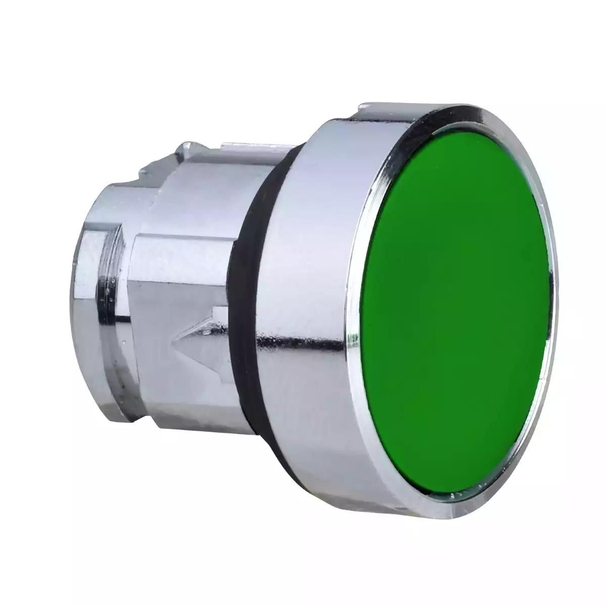 Head for non illuminated push button, Harmony XB4, metal, green flush, 22mm, spring return, clear boot, unmarked