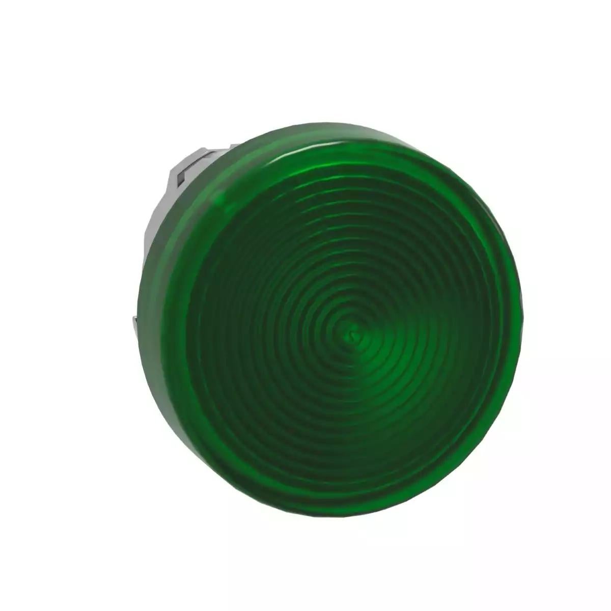 Head for pilot light, Harmony XB4, metal, green, 22mm, universal LED, grooved lens