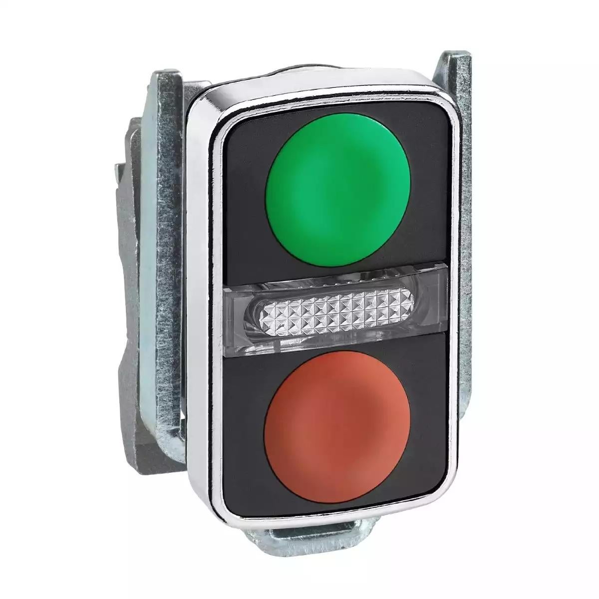 Illuminated double-headed push button head, Harmony XB4, metal, 22mm, 1 green fLush+1 pilot light+1 red flush, unmarked