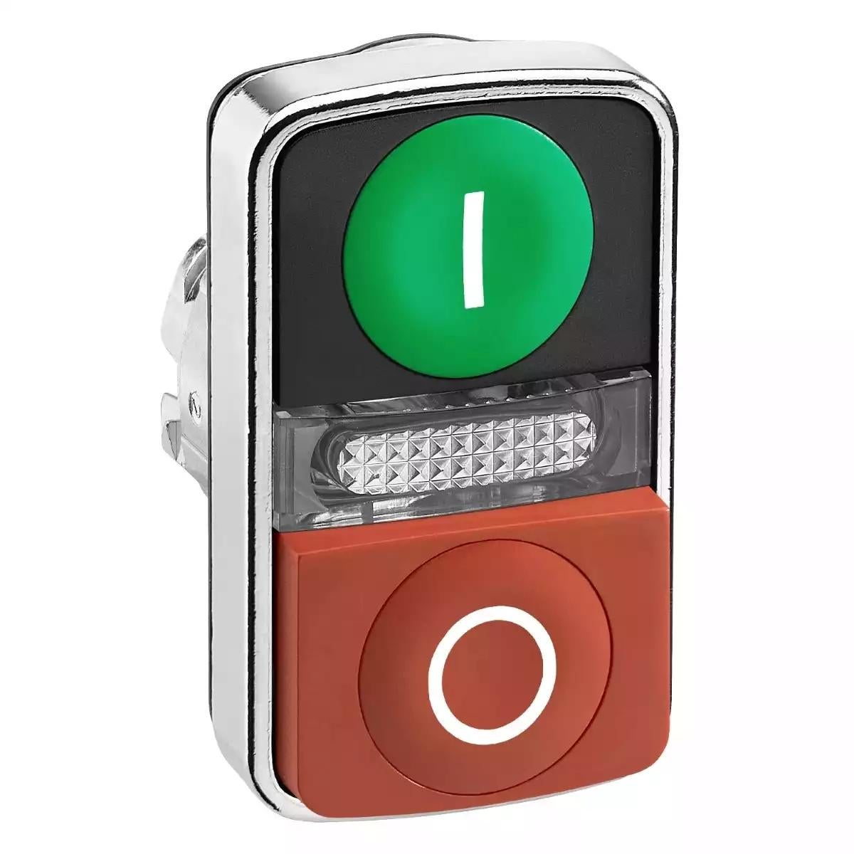 Harmony XB4, Illuminated double-headed push button head, metal, Ø22, marked, 1 green flush I + 1 pilot light + 1 red projecting O
