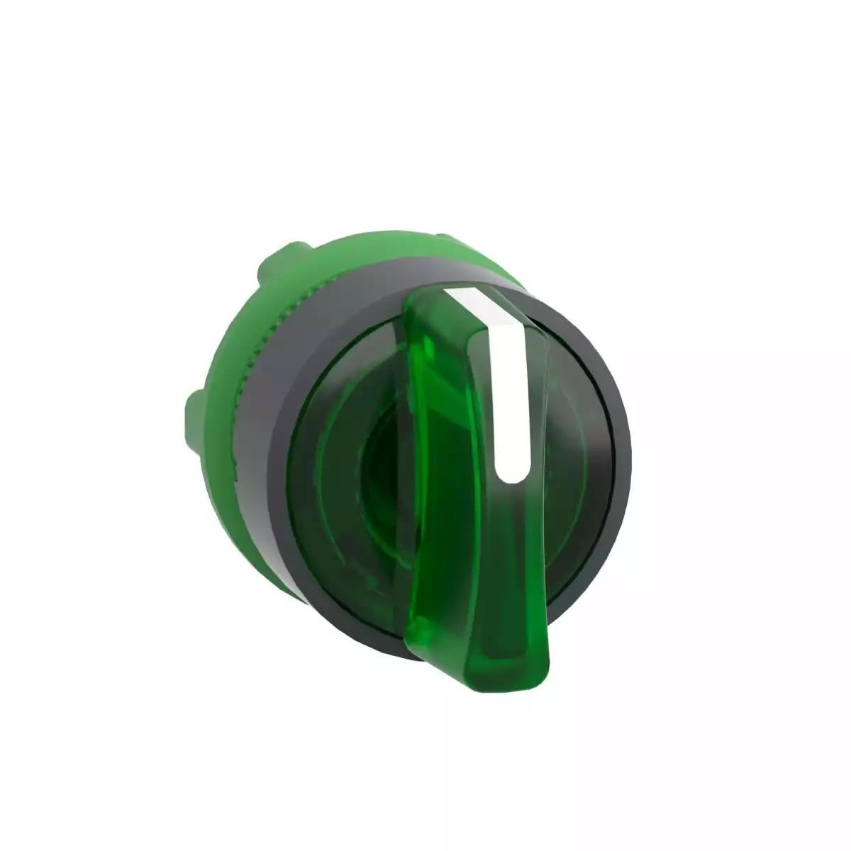 Head for illuminated selector switch, Harmony XB5, grey plastic, green handle, 22mm, universal LED, 3 positions, stay put