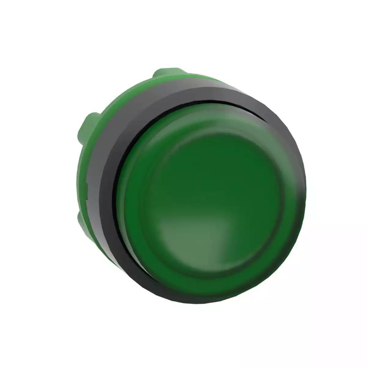 Head for illuminated push button, Harmony XB5, green projecting, 22mm, universal LED, spring return, unmarked