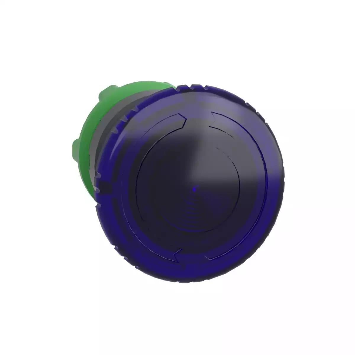 Head for illuminated push button, Harmony XB5, plastic, blue mushroom 40mm, 22mm, latching turn to release, clear boot
