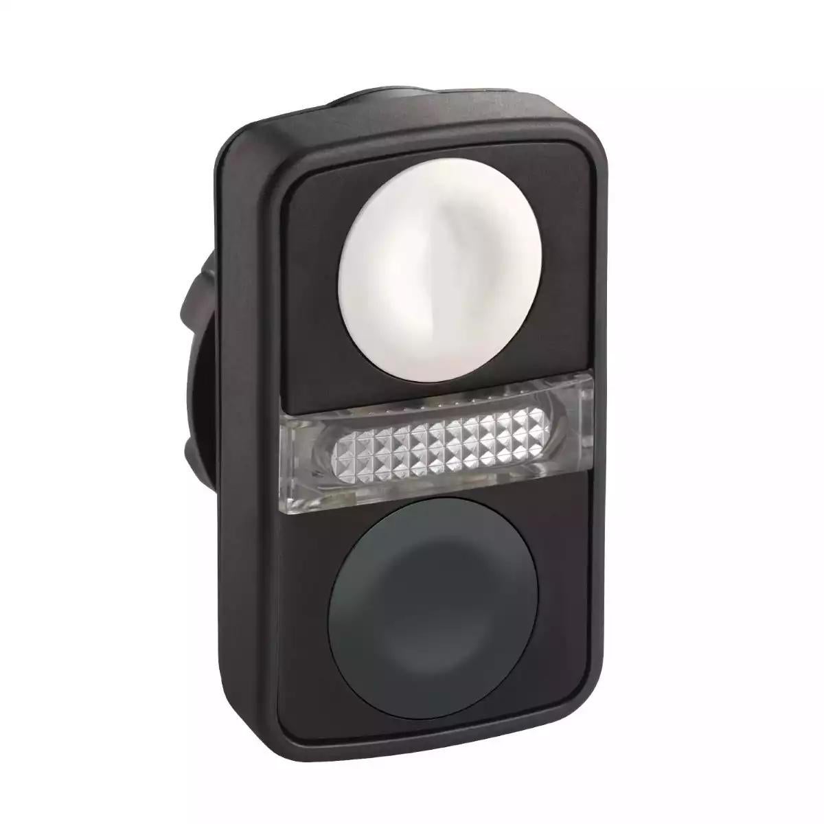Head for illuminated double headed push button, Harmony XB5, 2 white/black flush, 22mm, 1 central pilot light, unmarked