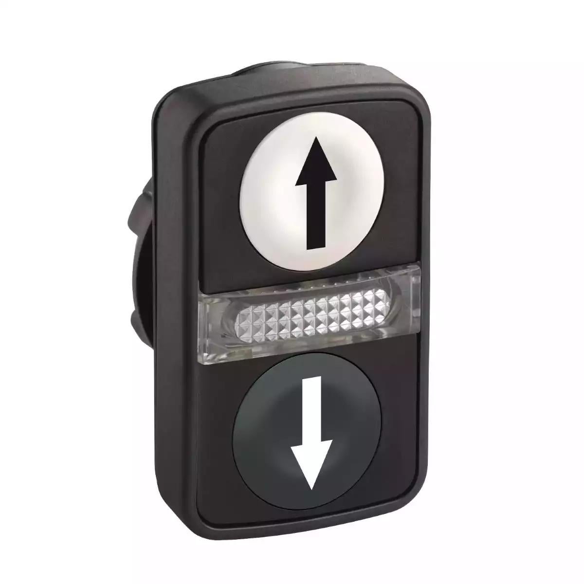 Head for illuminated double headed push button, Harmony XB5, 2 white/black flush, 22mm, 1 central pilot light, marked up/down arrow