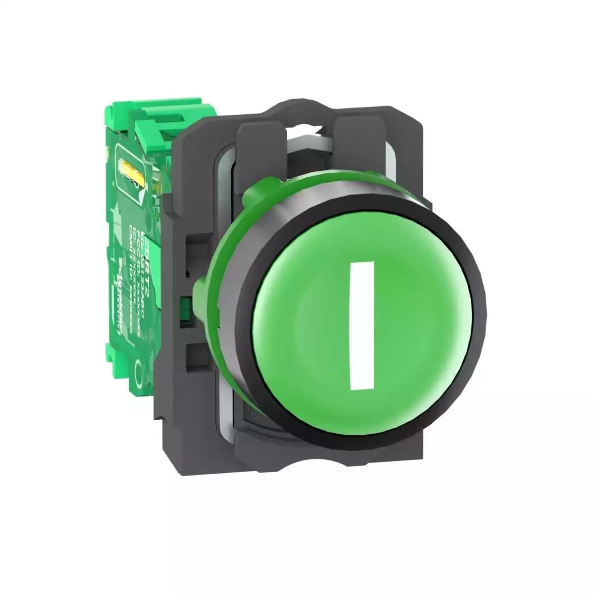Wireless and batteryless transmitter, Harmony XB5R, push button, plastic, green, 22mm, spring return, marked I